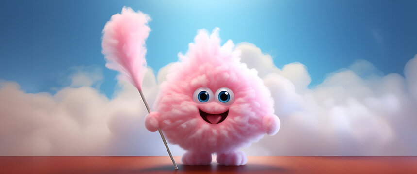 Cheerful pinky candy floss character against the backdrop of fluffy clouds