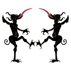 Symmetrical design with two medieval devils with their tongues sticking out. Isolated vector illustration.