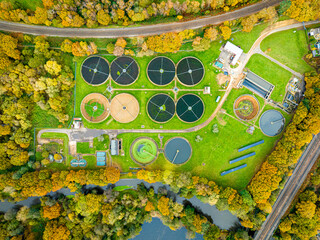 Aerial view of waste water purification sewage treatment plant in Surrey, England