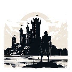 Simple vector of a knight silhouette standing in front of a medieval castle, black and white background. A monochrome illustration of a warrior in armor