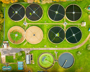 Aerial view of waste water purification sewage treatment plant in Surrey, England