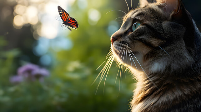 A cat looking at a butterfly on its face
