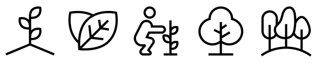 Conjunto de iconos de árbol. Conservación de la naturaleza. Planta en crecimiento, hoja verde, persona sembrando un árbol, bosque. Ilustración vectorial - obrazy, fototapety, plakaty