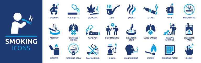 Smoking icon set. Containing cigarette, cannabis, smoke, vape, cigar, ashtray, nicotine and more. Solid vector icons collection. - obrazy, fototapety, plakaty