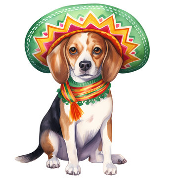 Cute Beagle Dog Mexican Watercolor Clipart Illustration