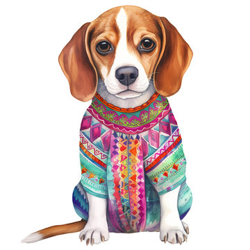 Cute Beagle Dog Mexican Watercolor Clipart Illustration