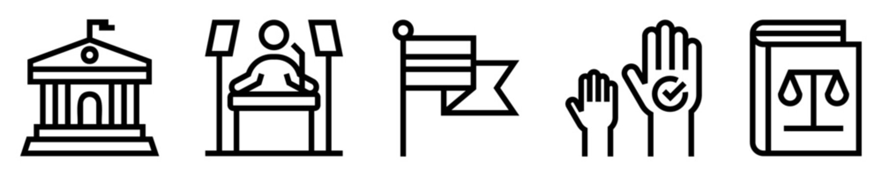 Conjunto de iconos de gobierno. Pol&iacute;tica. Edificio de gobierno, discurso presidencial, bandera nacional, democracia, libro de leyes. Ilustraci&oacute;n vectorial