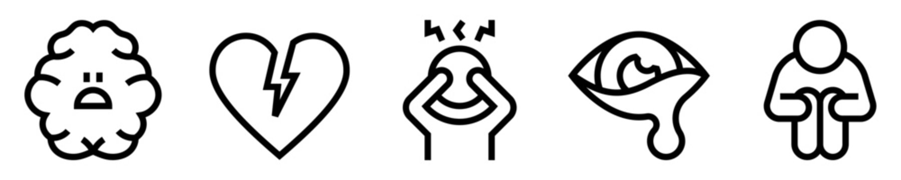 Conjunto de iconos de ansiedad y depresi&oacute;n. Trastorno mental. Cerebro ansioso, coraz&oacute;n roto, persona frustrada, l&aacute;grima, persona con miedo. Ilustraci&oacute;n vectorial