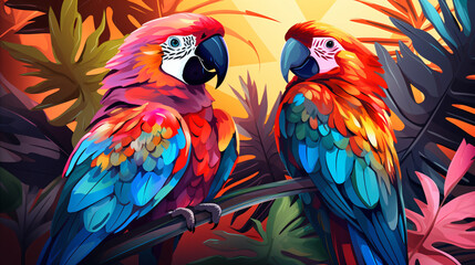 Two colorful macaws sitting on a tree branch flat design vector style illustration