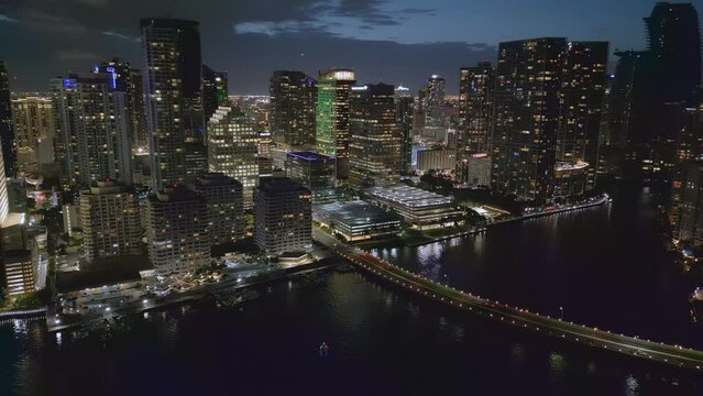 Aerial of Downtown Modern American City Miami at night in Florida
