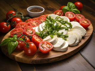 A wooden cutting board with a caprese salad topped with sliced tomatoes and mozzarella