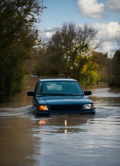 冠水した道路で車の一部が水没した、 台風の豪雨｜Part of the car was submerged in water on the flooded road. Typhoon heavy rain. Generative AI