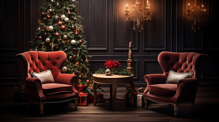 Fototapeta na wymiar A room with a Christmas tree and chairs
