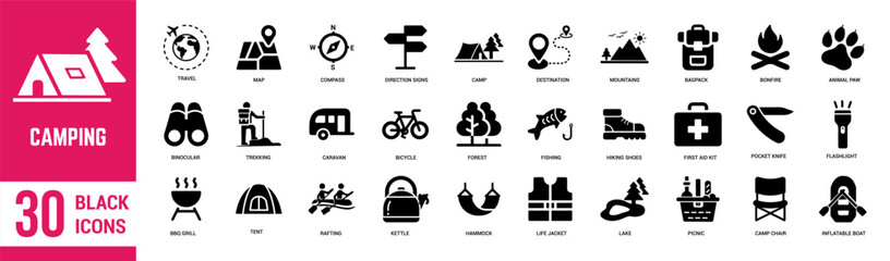 Camping solid black icons set. Travel, map, compass, picnic, backpack, binoculars, caravan, trekking and forest. Vector illustration - obrazy, fototapety, plakaty