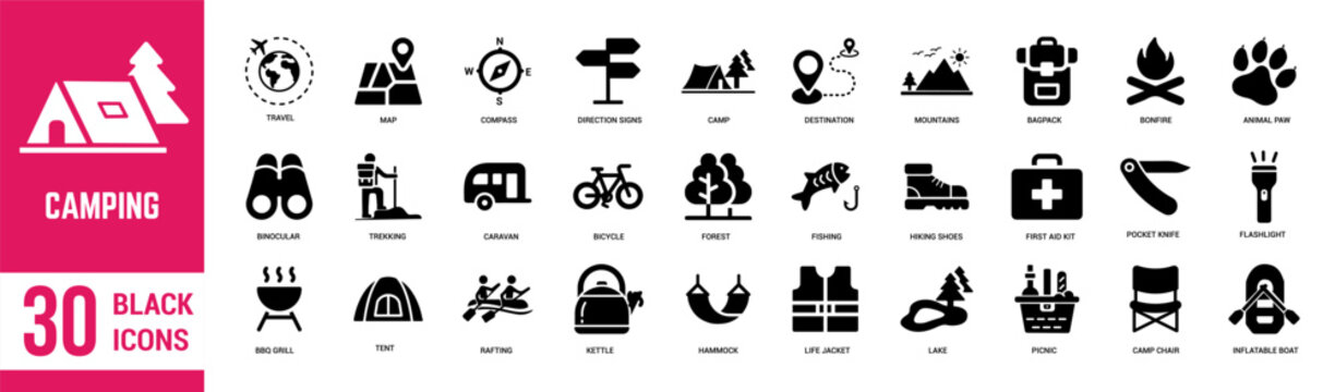 Camping solid black icons set. Travel, map, compass, picnic, backpack, binoculars, caravan, trekking and forest. Vector illustration