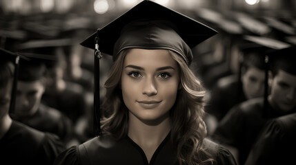 Obraz premium Woman at graduation - cap and gown - formal ceremony - high school o9r college 