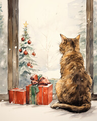 A watercolor of a cat looking out a window at a christmas tree