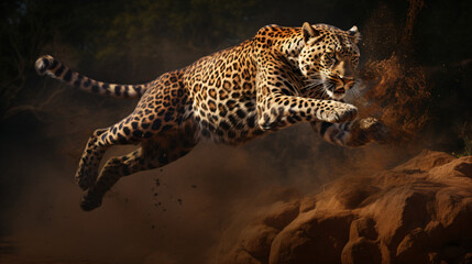 A large leopard jumping in the air - obrazy, fototapety, plakaty