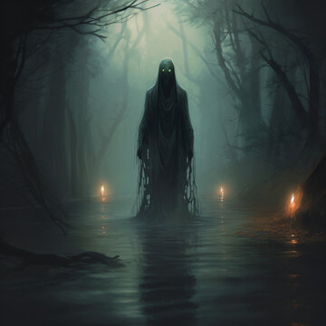 A bog monster with glowing eyes on a swamp