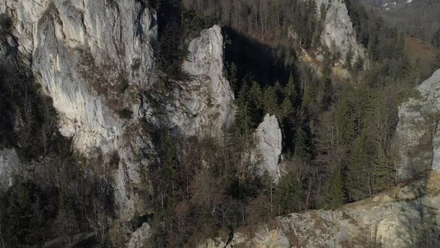 Flight through Klus, gorge incision near Zwueschbergen with the Balmflue, first Jura chain, in the background Balm near Guensberg, drone image, Solothurn, Switzerland, Europe