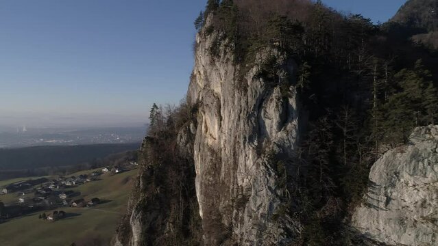 Flight through Klus, gorge incision near Zwueschbergen with the Balmflue, first Jura chain, in the background Balm near Guensberg, drone image, Solothurn, Switzerland, Europe
