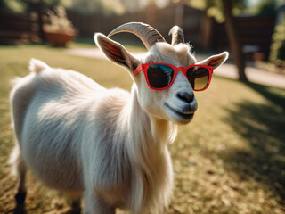 Naklejka premium Goat wear Retro Red Sunglasses at the garden