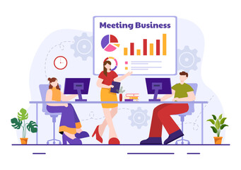 Business Meeting Vector Illustration with Businessman and Employees on Presentation Conference at Project Strategy in Flat Cartoon Background
