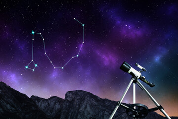 Dragon (Draco) constellation in starry sky over mountains at night. Stargazing with telescope