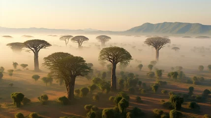 Fototapeten African baobab trees in morning sunlight with fog, aerial view. Innovative AI. © Story