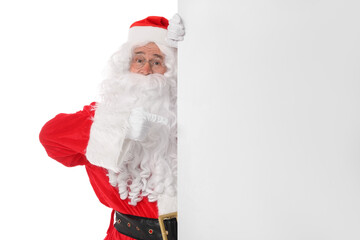 Man in Santa Claus costume posing on white background