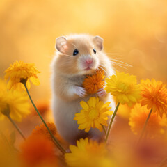 Cute hamster holding flower in a field of yellow and orange wildflowers. Created with Generative AI technology