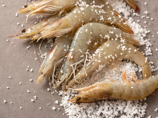Raw shrimp sprinkled with salt