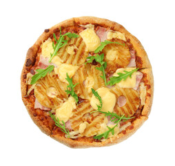 Delicious pineapple pizza with arugula isolated on white, top view