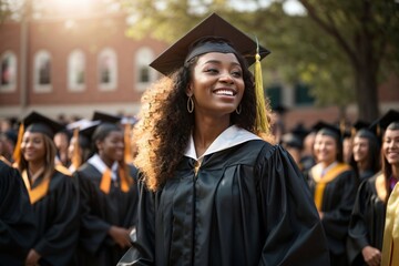 Obraz premium Happy smiling graduating student girl in an academic gown standing in front of other alumni