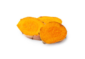 Slices of fresh turmeric root isolated on white