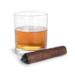 Glass of whiskey and burnt cigar isolated on white