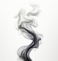 Black smoke, incense or gas in a studio with white background by mockup space for magic effect with abstract. Fog, steam or vapor mist moving in air for cloud smog pattern by light backdrop with bann