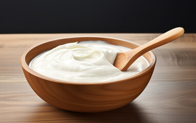 Yogurt served in a glass bowl on a wooden table with a black background