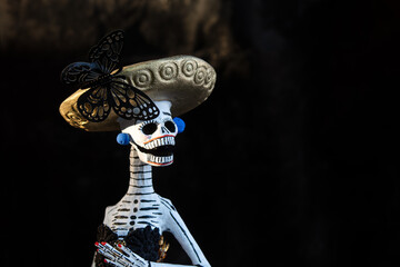 Catrina or skull with monarch butterfly dress on day of the dead