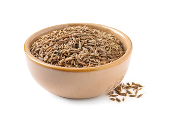 Bowl of aromatic caraway (Persian cumin) seeds isolated on white