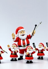 3D Toy Of Santa Claus Conducting A Christmas Orchestra On A White Background.