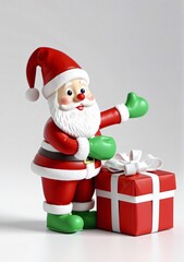 3D Toy Of Santa Claus Wrapping Presents With A Bow On A White Background.