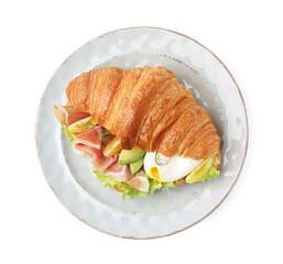 Delicious croissant with prosciutto, avocado and egg isolated on white, top view