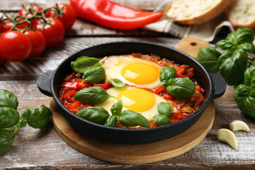 Delicious Shakshuka with basil on wooden table