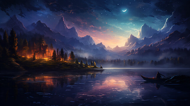 Night land scape with mountain and city