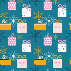 Seamless pattern for Boxing Day Sale. December 26. Winter Christmas background with presents and snowflakes.