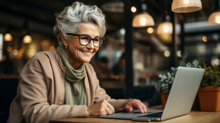 Portrait, woman and mature with a laptop, looking and smiling. Entrepreneur, freelance and business. Restaurant, cafe and online. - obrazy, fototapety, plakaty