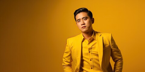 Fototapeta premium an asian man in a yellow suit posing on a golden background, generative AI