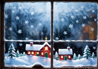 A Christmas Snow Scene Painted On A Window, With Real Snow Falling Outside.