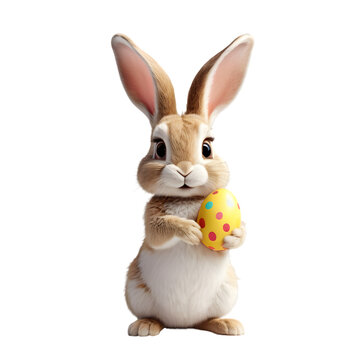 Charming Cartoon Rabbit Cradling a Decorated Easter Egg, Symbolizing Springtime Joy and Easter Celebrations, Rendered with a Transparent Background for Versatile Design Use